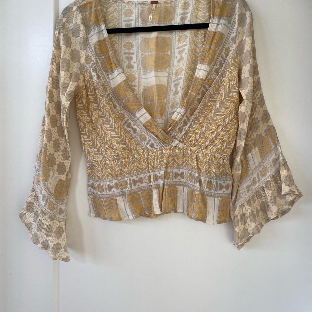 Free People Cream and Gold Patterned Blouse
